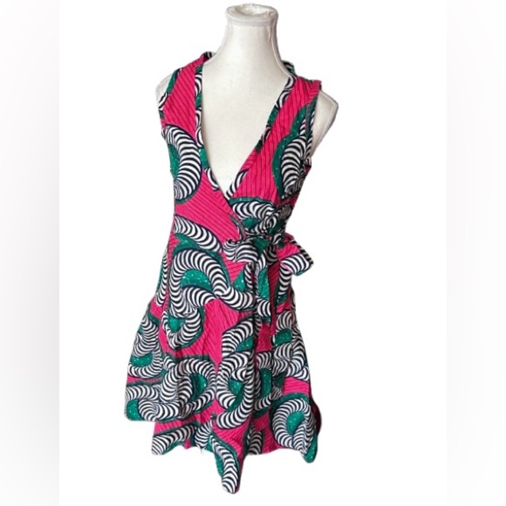 DJARABIE by AI New York XS Small Wrap Dress Pink Green Black White Patterned